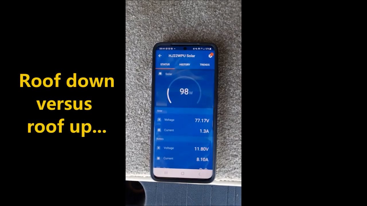 The Victron app showing 98 watts with the roof down