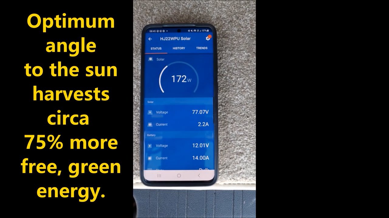 The Victron app showing 172 watts with the roof raised to the optimum angle
