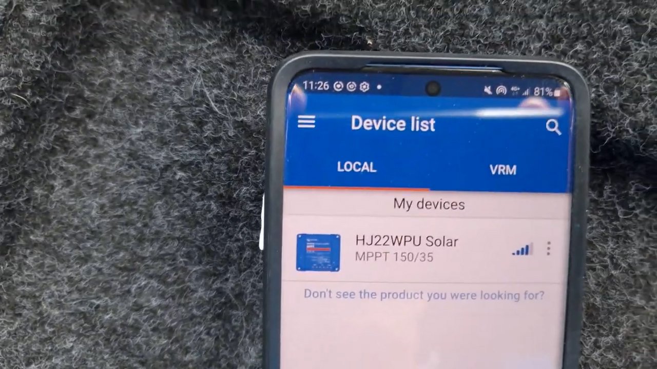 The Victron Connect app showing the device list with the solar controller