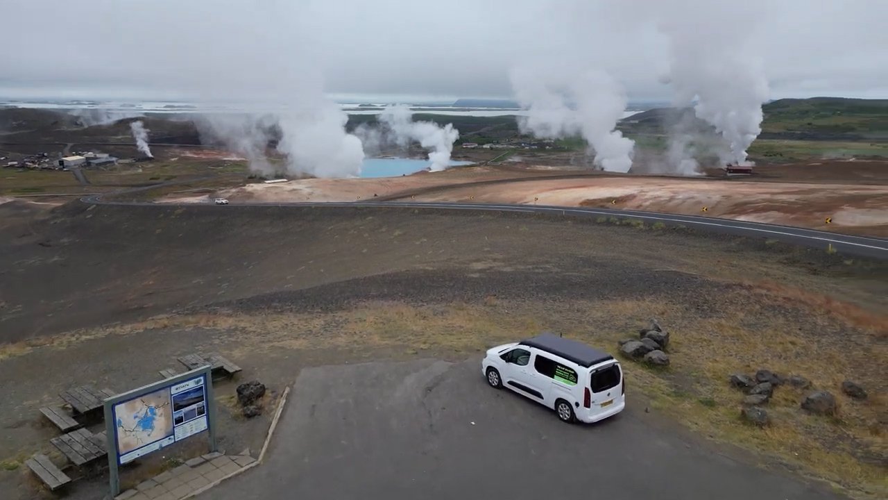 Aerial view of the Vikenze III-e XL on the open road in Iceland&rsquo;s dramatic landscape
