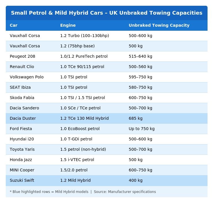 Small petrol cars UK unbraked towing capacities