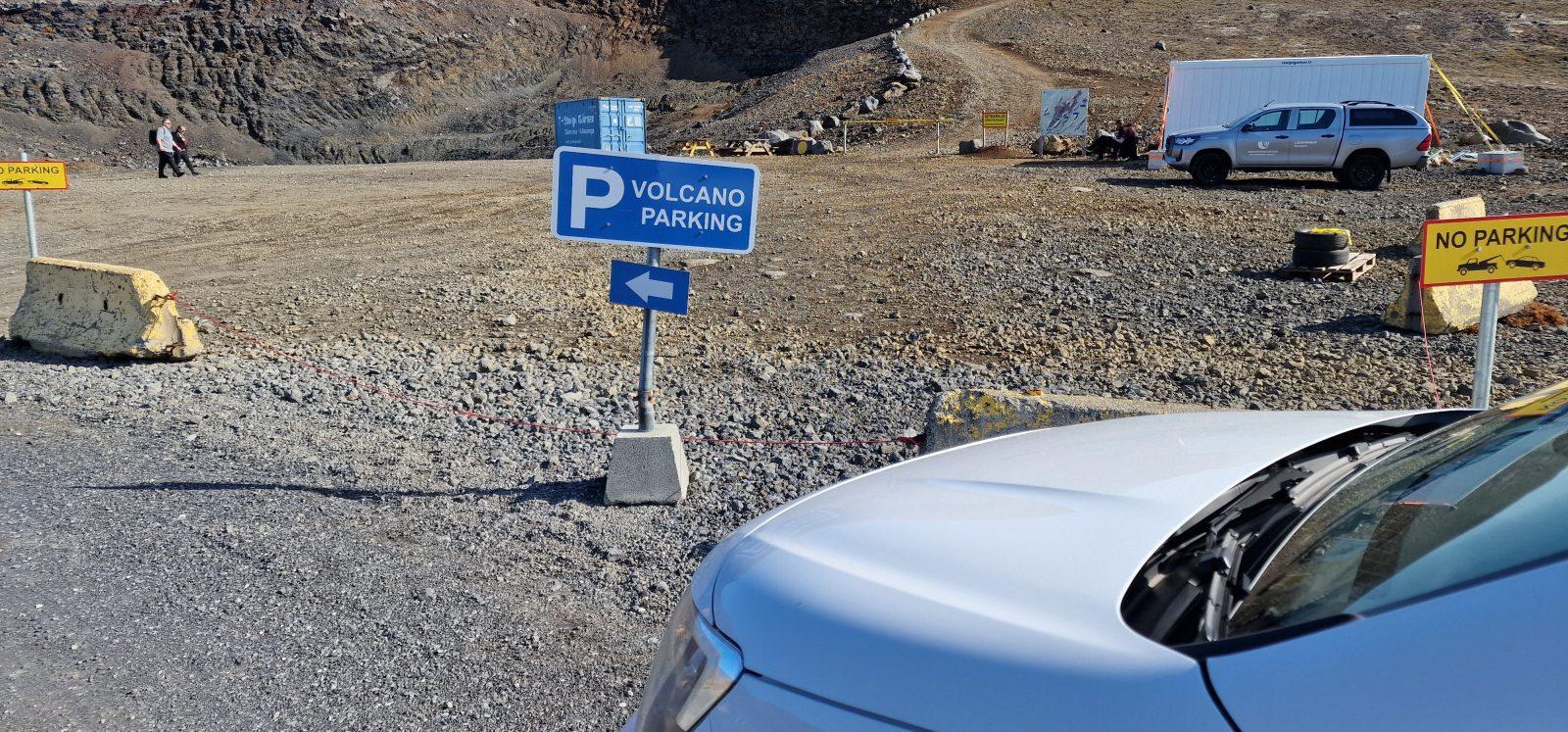 Volcano parking area near recent lava flow in Iceland