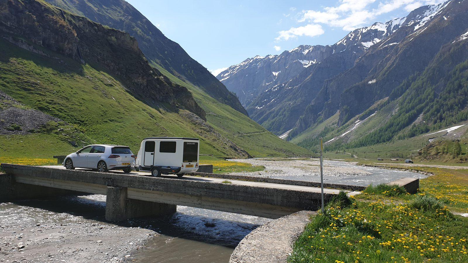 Alpine meadow view from campsite in French Alps