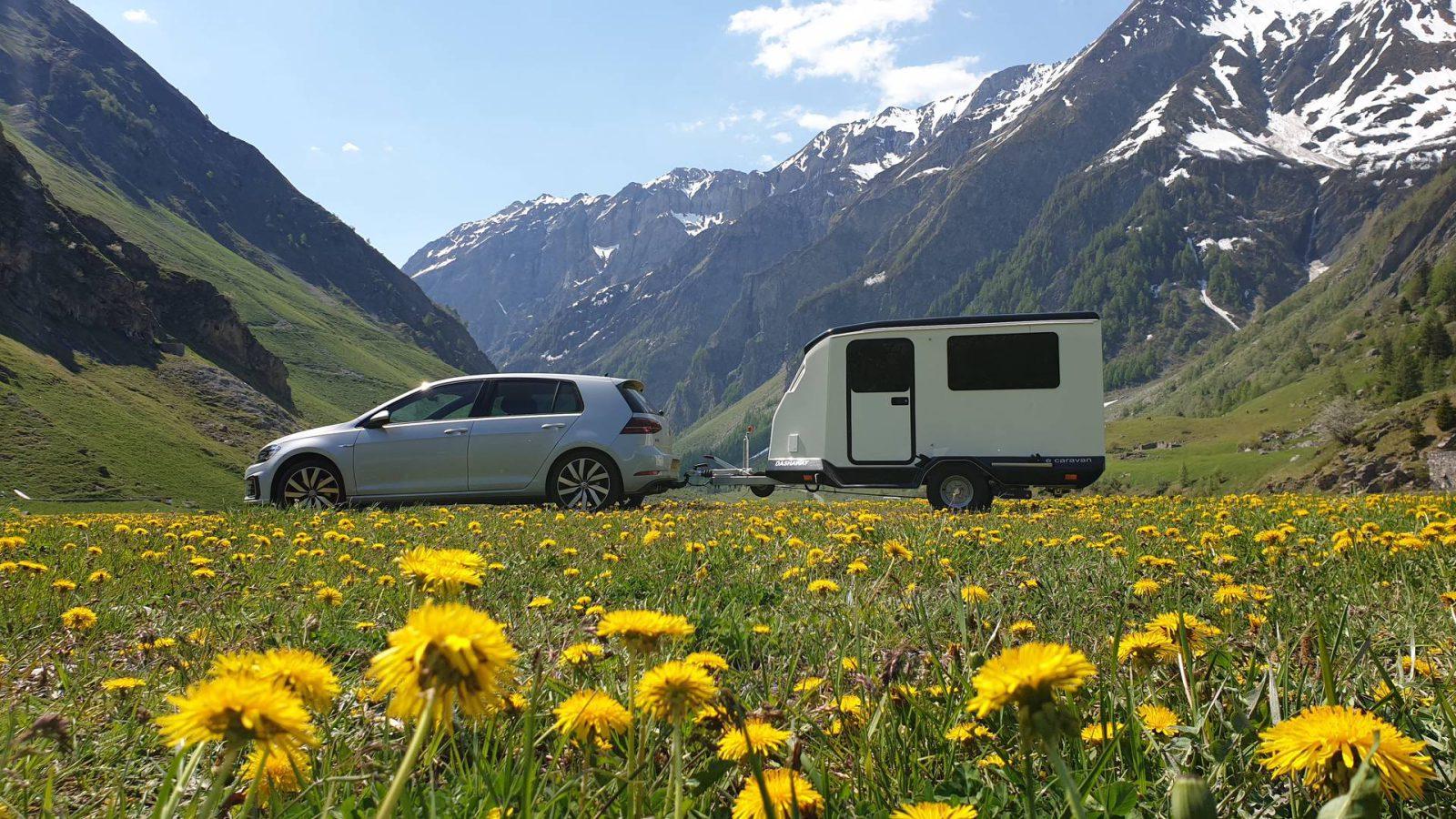 Dashaway caravan in French Alps with VW Golf PHEV