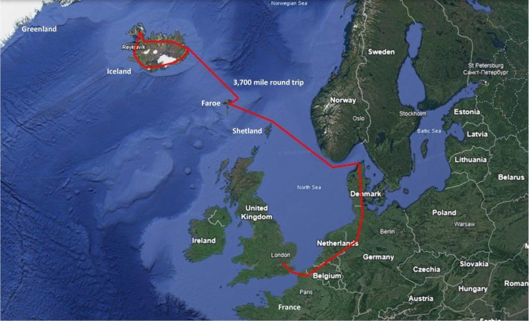 Google Earth route map of the 3,700-mile Fire and Ice Tour from UK via Shetland, Faroe, and Iceland