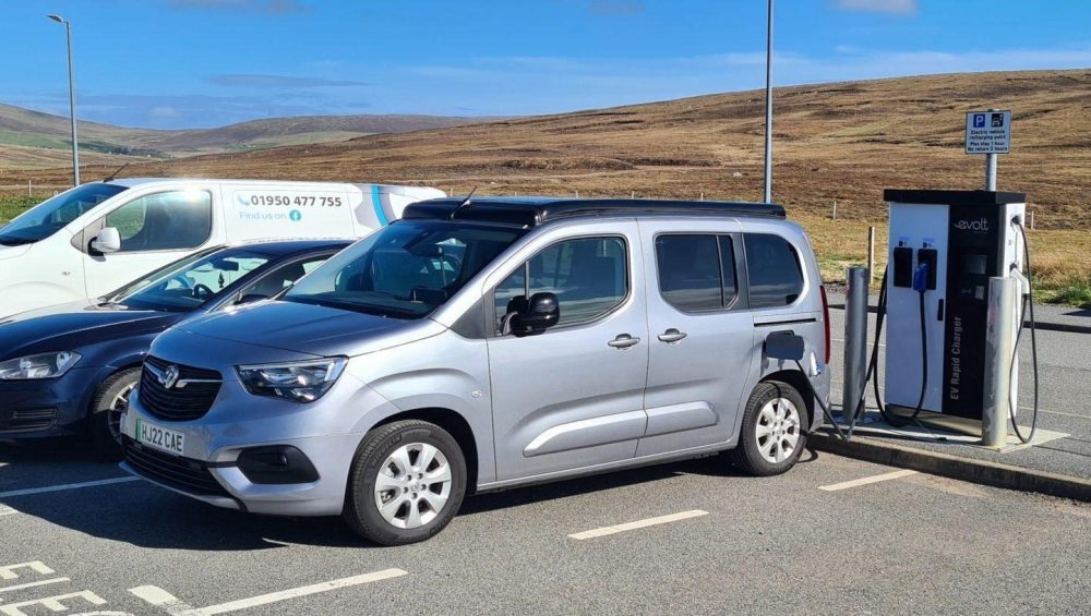 Wheelhome Vikenze III-e electric campervan charging at an eVolt rapid charger in Shetland